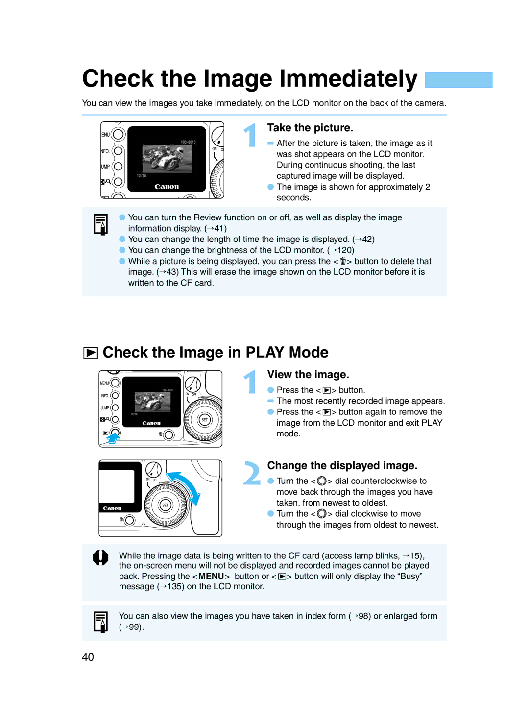 Canon D60 manual Check the Image Immediately, Check the Image in Play Mode, Change the displayed image 