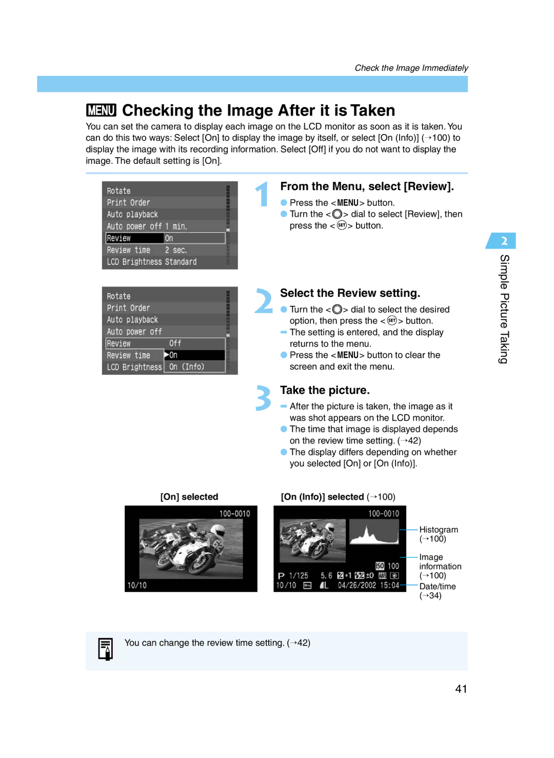 Canon D60 manual Checking the Image After it is Taken, From the Menu, select Review, Select the Review setting, On selected 