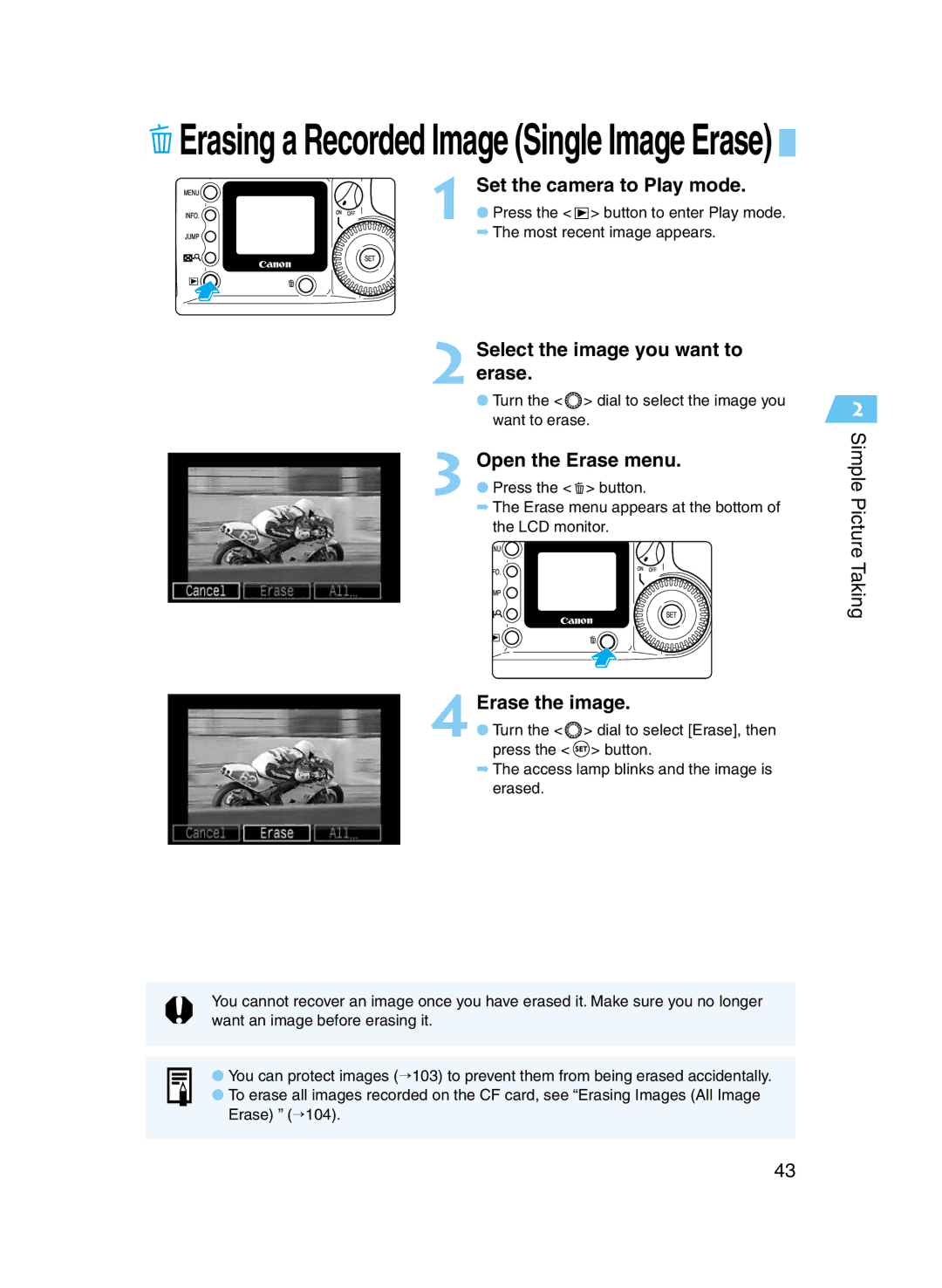 Canon D60 manual Set the camera to Play mode, Select the image you want to Erase, Open the Erase menu, Erase the image 