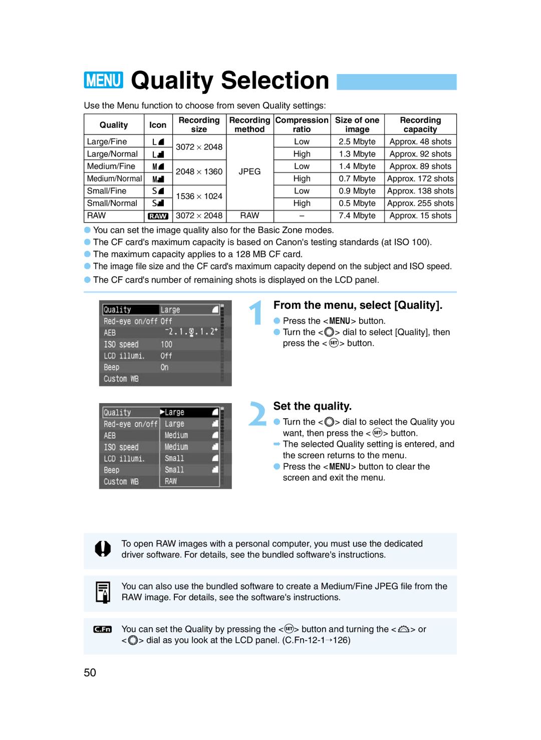 Canon D60 manual Quality Selection, Set the quality 