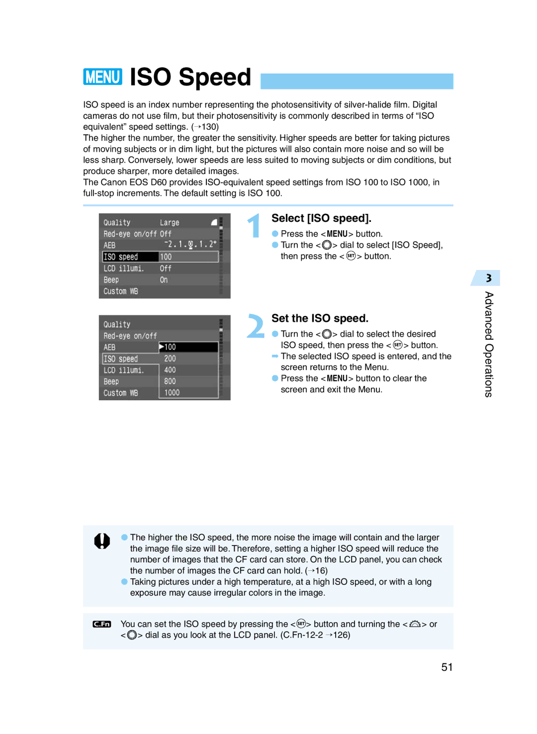 Canon D60 manual ISO Speed, Select ISO speed, Set the ISO speed, Advanced Operations 