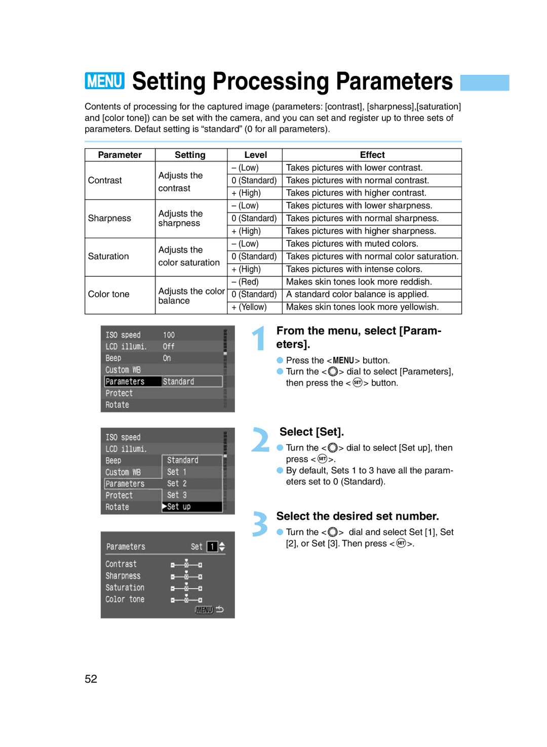 Canon D60 manual Setting Processing Parameters, Parameter Setting Level Effect 