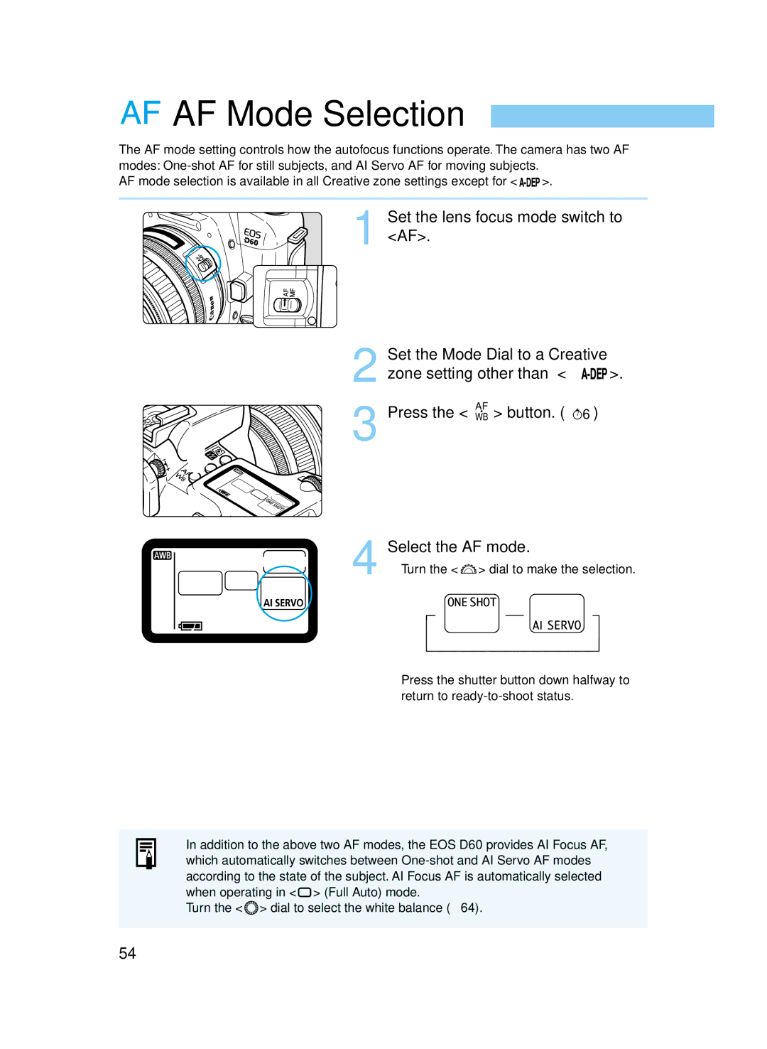 Canon D60 manual AF Mode Selection 