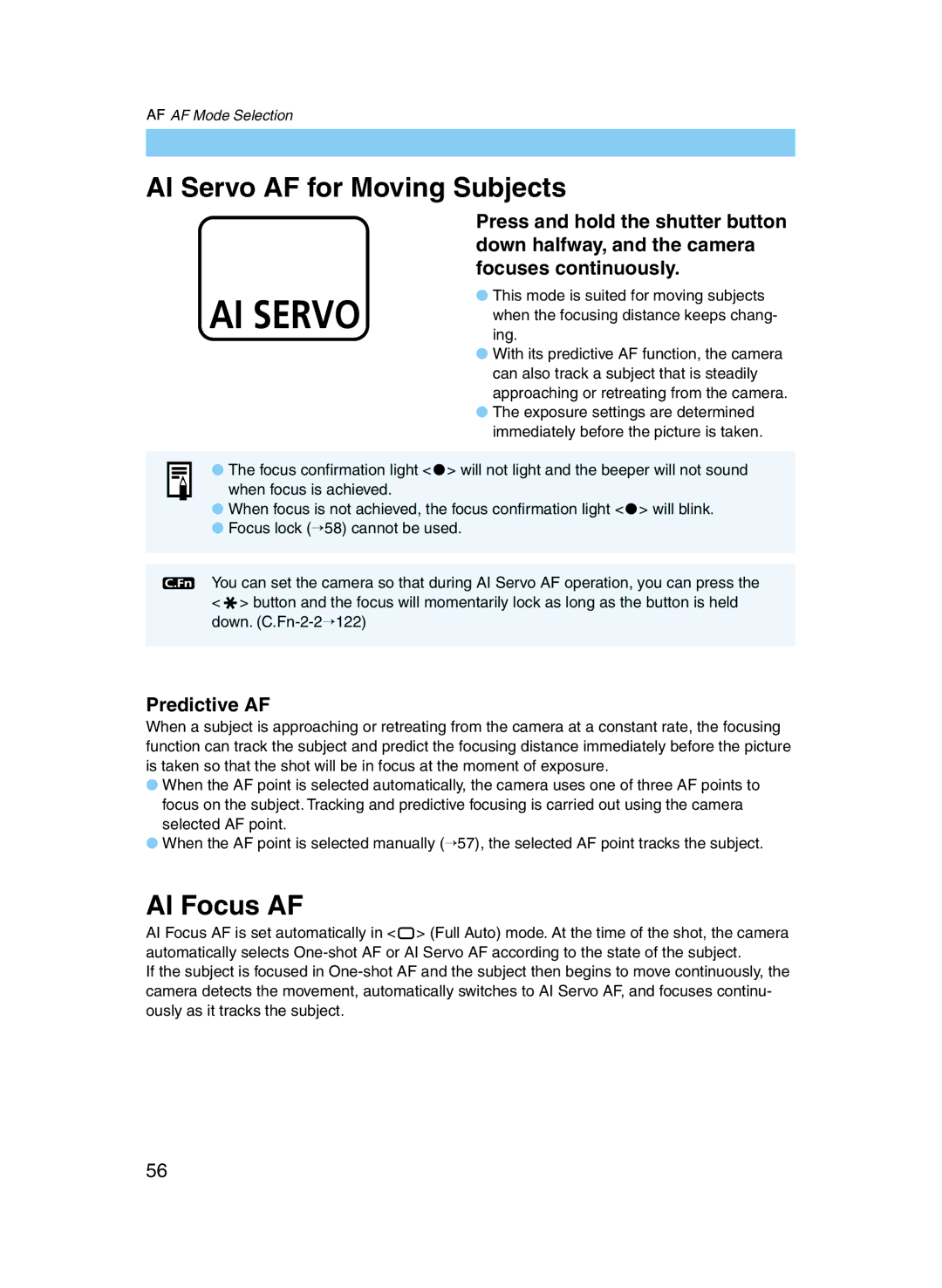 Canon D60 manual AI Servo AF for Moving Subjects, AI Focus AF, Predictive AF 