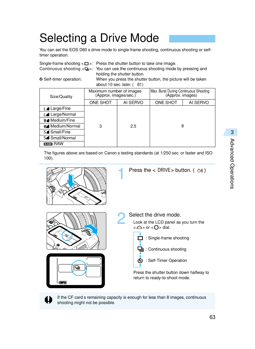 Canon D60 manual Selecting a Drive Mode, Press the Drive button Select the drive mode, Size/Quality 