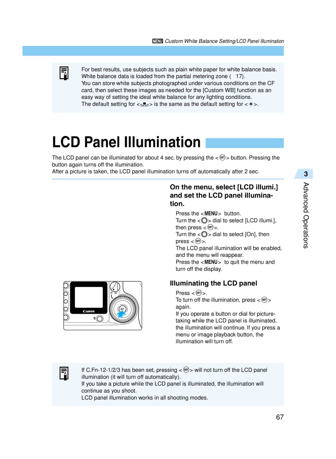 Canon D60 manual LCD Panel Illumination, Illuminating the LCD panel 