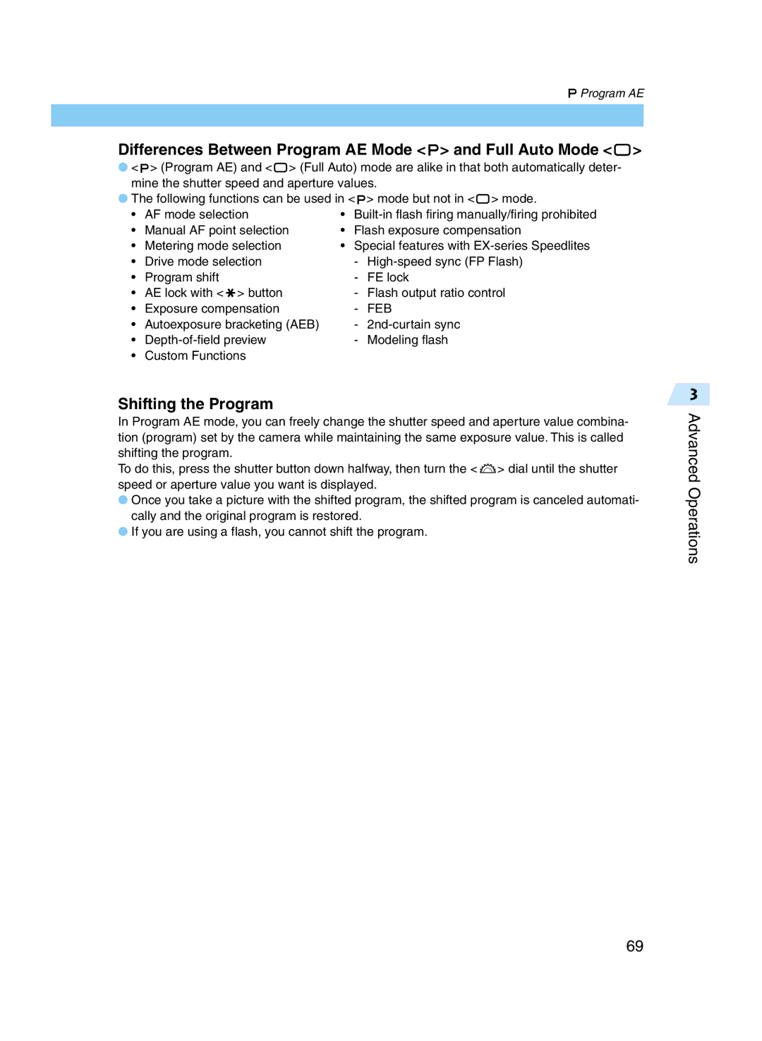 Canon D60 manual Differences Between Program AE Mode and Full Auto Mode, Shifting the Program 