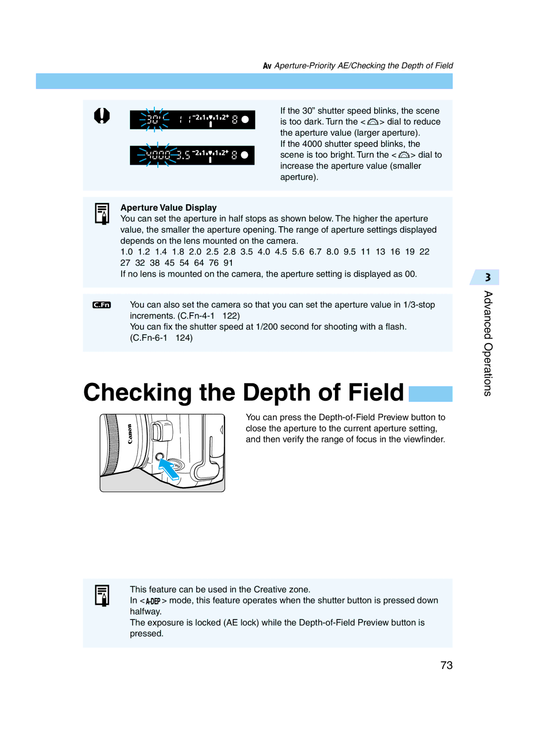 Canon D60 manual Checking the Depth of Field, Aperture Value Display 