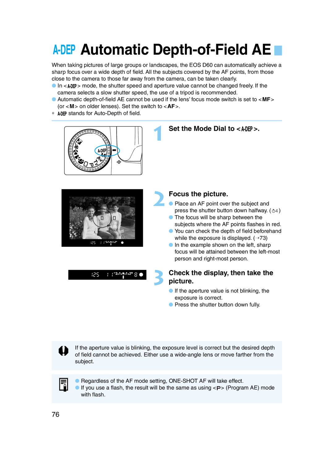 Canon D60 manual Automatic Depth-of-Field AE, Set the Mode Dial to Focus the picture, Check the display, then take Picture 