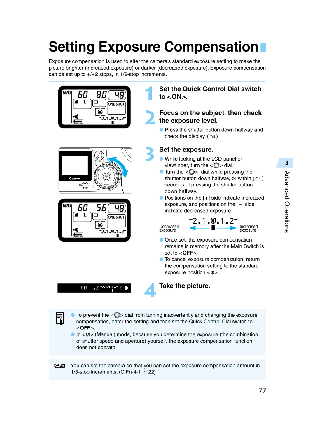 Canon D60 manual Setting Exposure Compensation, Set the exposure 