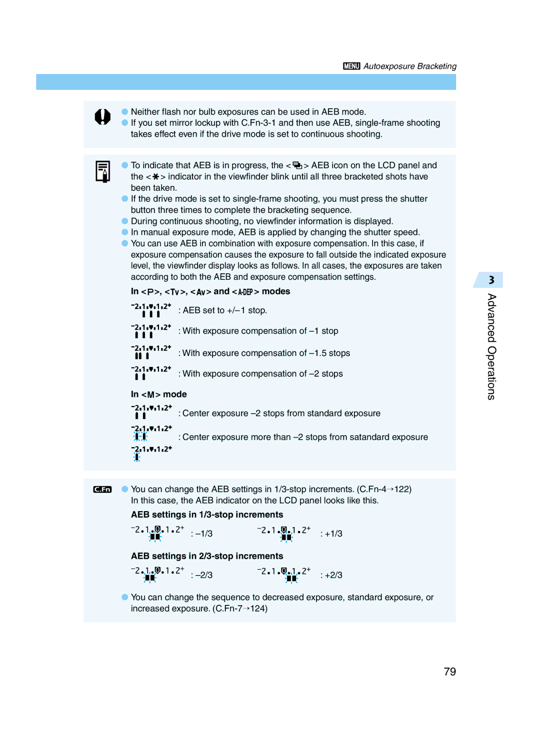 Canon D60 manual and modes, Mode, AEB settings in 1/3-stop increments, AEB settings in 2/3-stop increments 