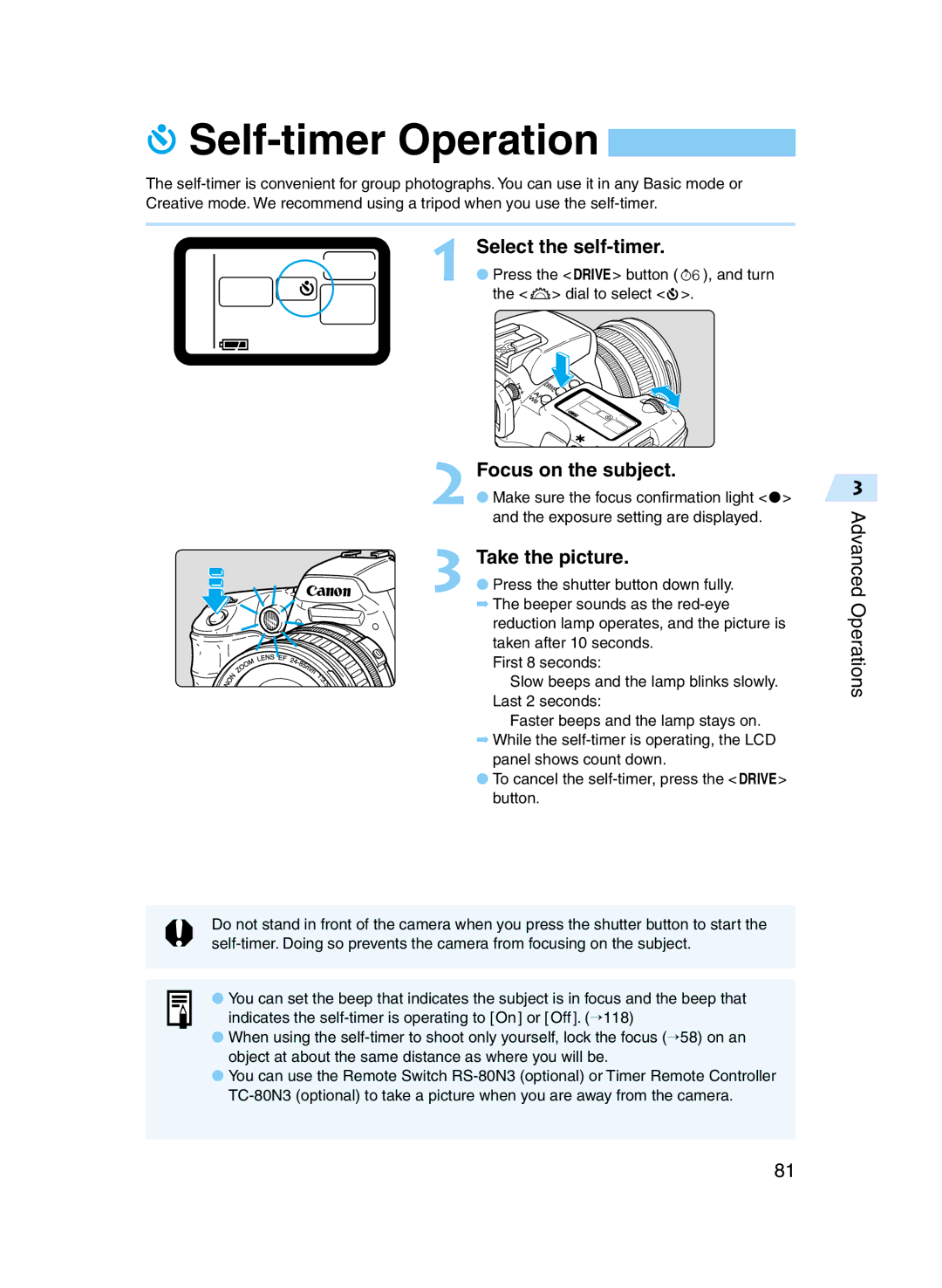 Canon D60 manual Self-timer Operation, Select the self-timer 