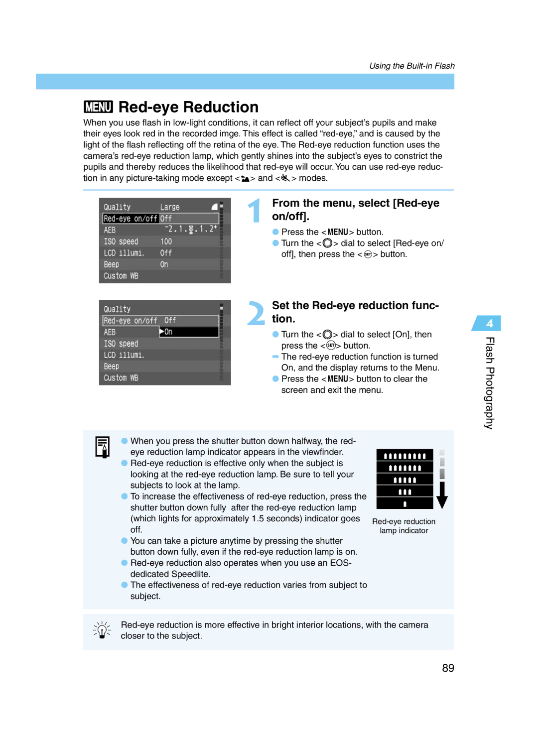 Canon D60 manual Red-eye Reduction, From the menu, select Red-eye On/off, Set the Red-eye reduction func Tion 