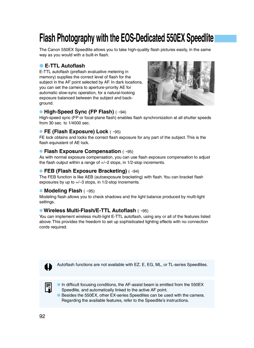 Canon D60 High-Speed Sync FP Flash →94, FE Flash Exposure Lock →95, Flash Exposure Compensation →95, Modeling Flash →95 