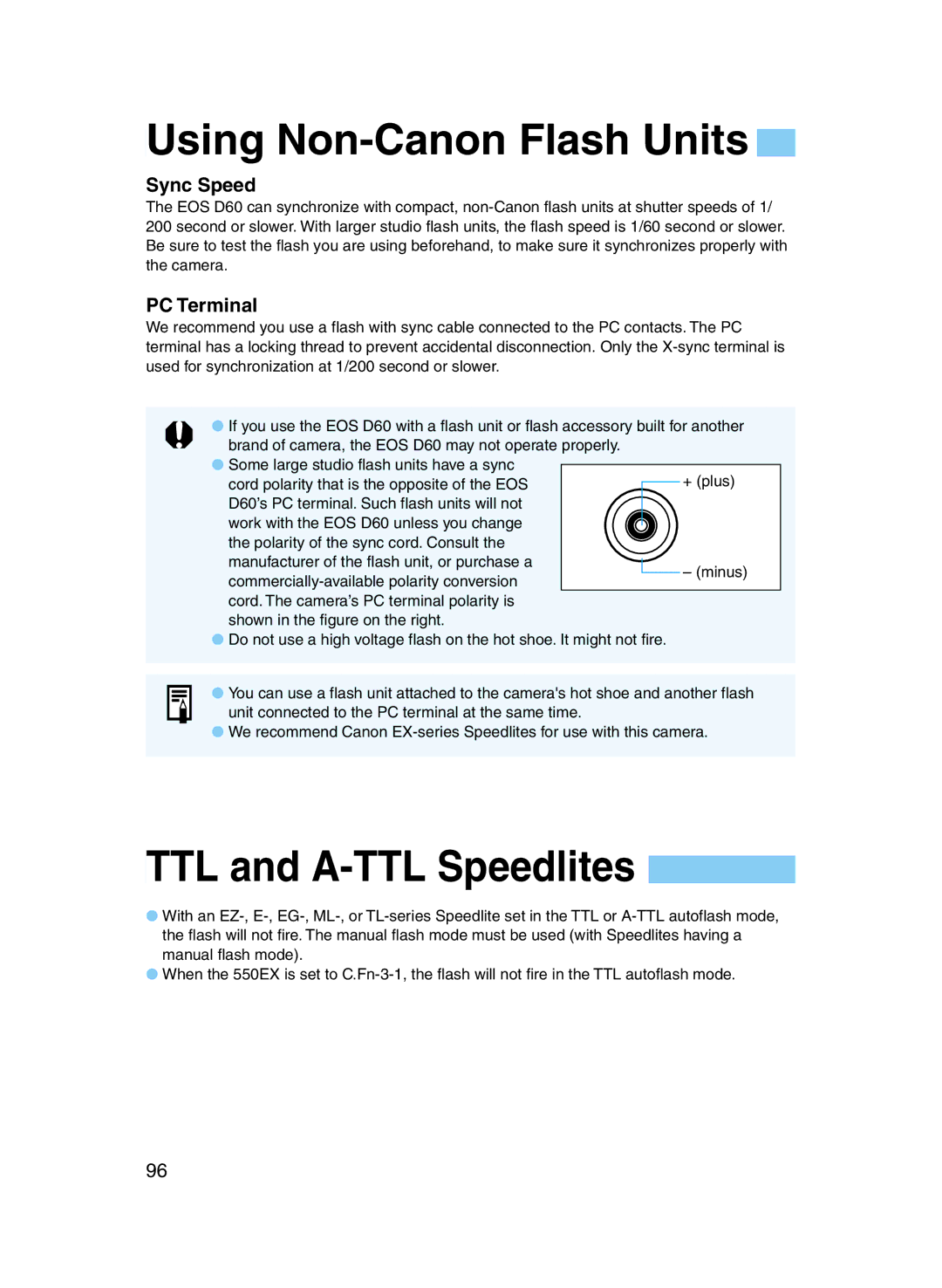 Canon D60 manual Using Non-Canon Flash Units, TTL and A-TTL Speedlites, Sync Speed, PC Terminal 