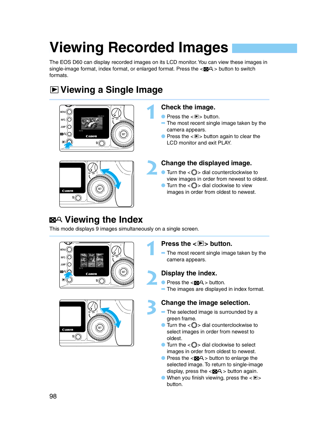 Canon D60 manual Viewing Recorded Images, Viewing a Single Image, Viewing the Index, Press the button Display the index 