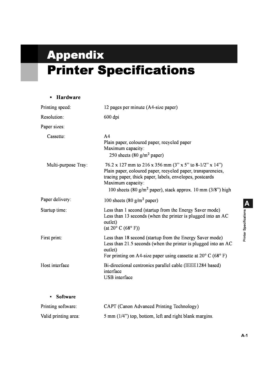 Canon D600 manual Printer Specifications, Appendix, Hardware, Software 