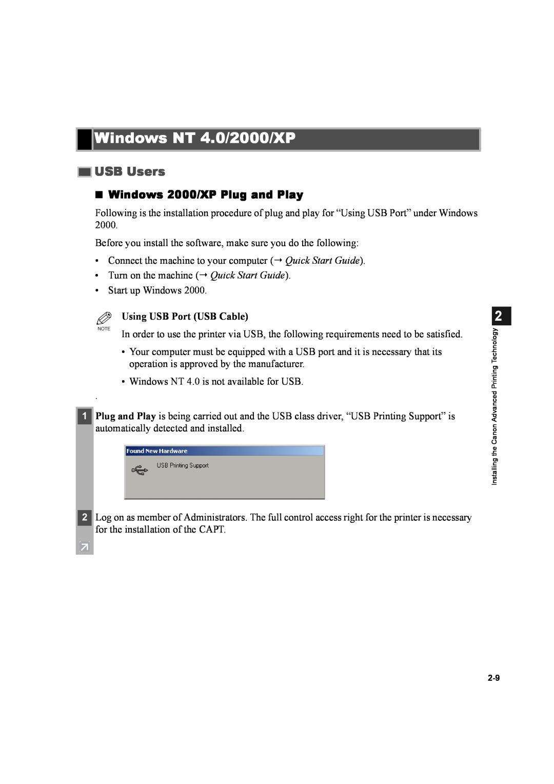 Canon D600 manual Windows NT 4.0/2000/XP, Windows 2000/XP Plug and Play, USB Users, Using USB Port USB Cable 