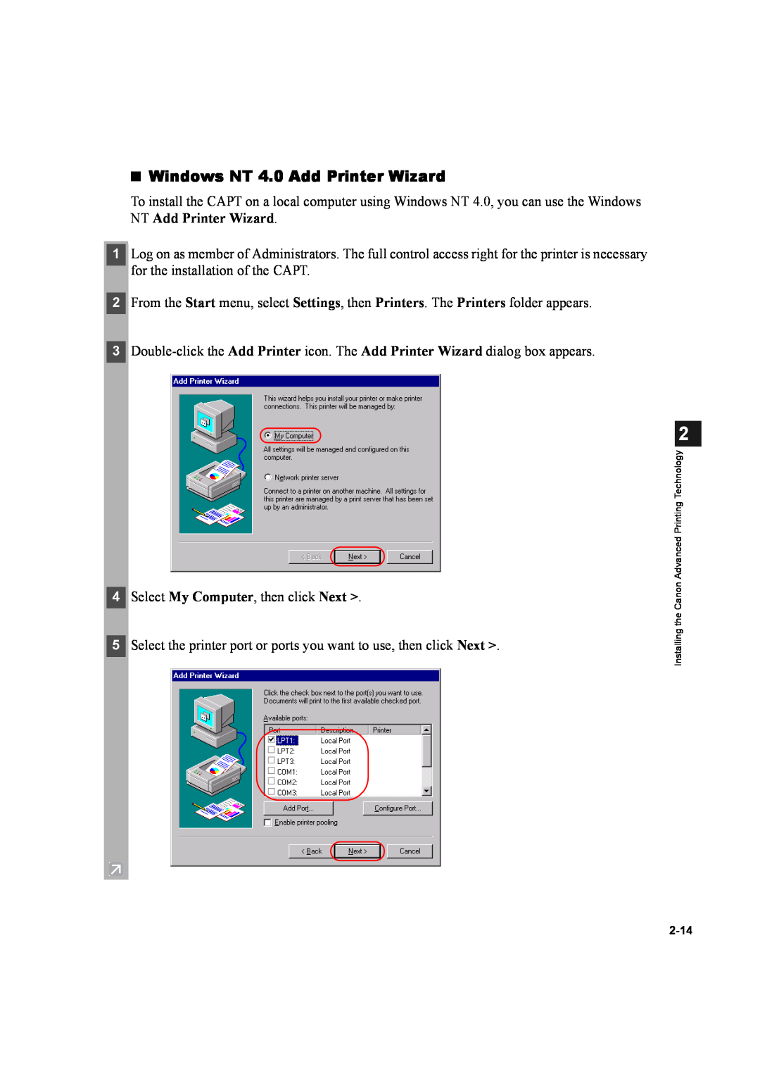 Canon D600 manual Windows NT 4.0 Add Printer Wizard 