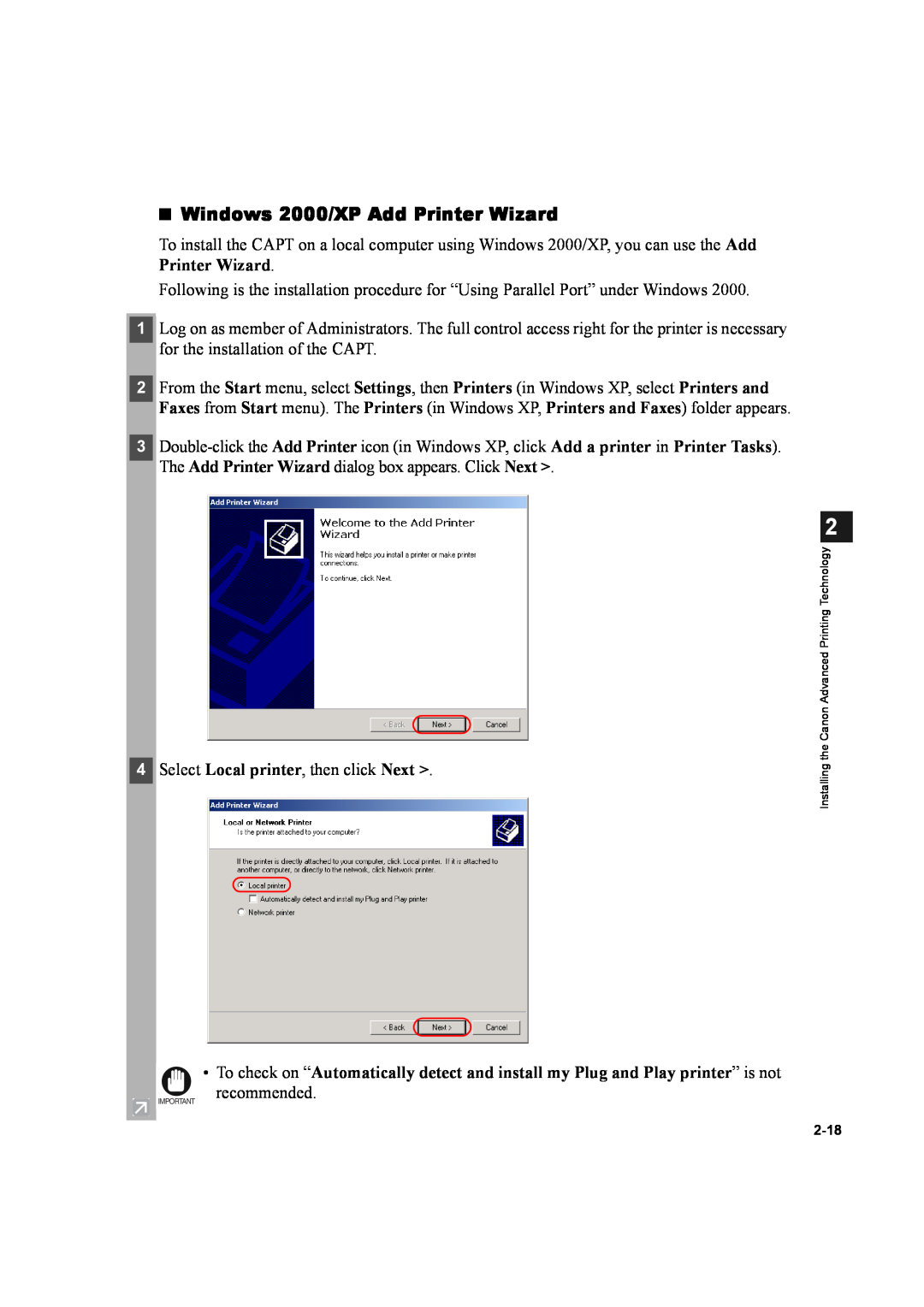 Canon D600 manual Windows 2000/XP Add Printer Wizard 