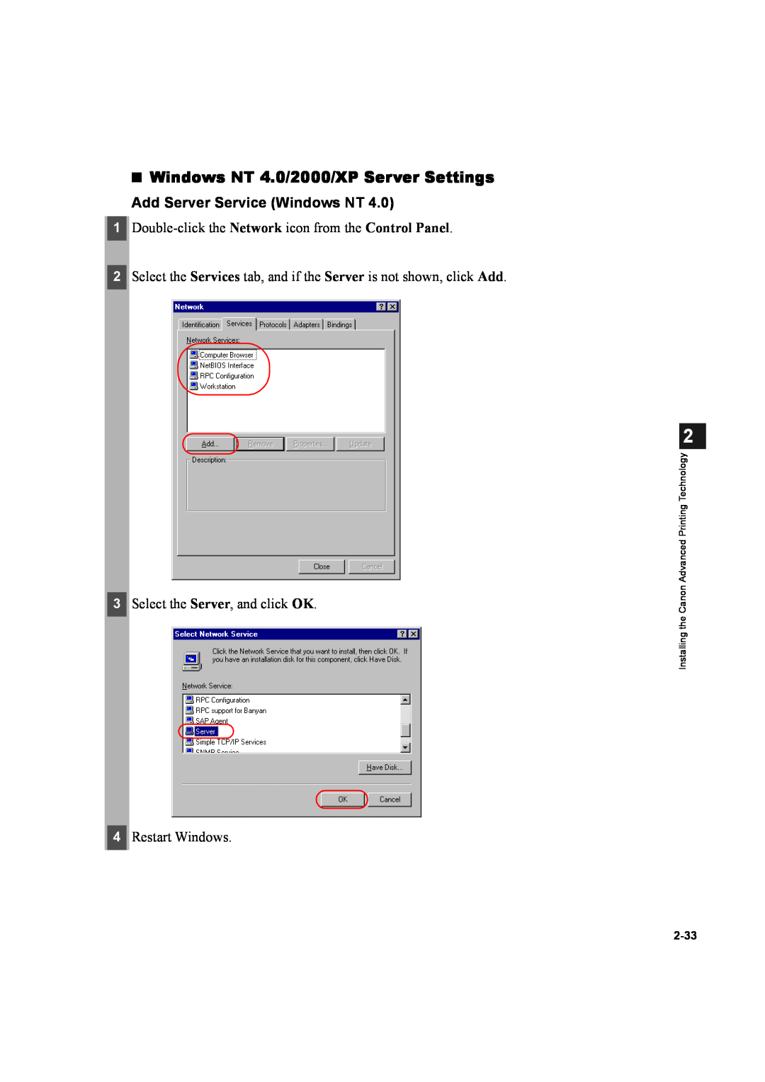 Canon D600 manual Windows NT 4.0/2000/XP Server Settings, Add Server Service Windows NT, 2-33 