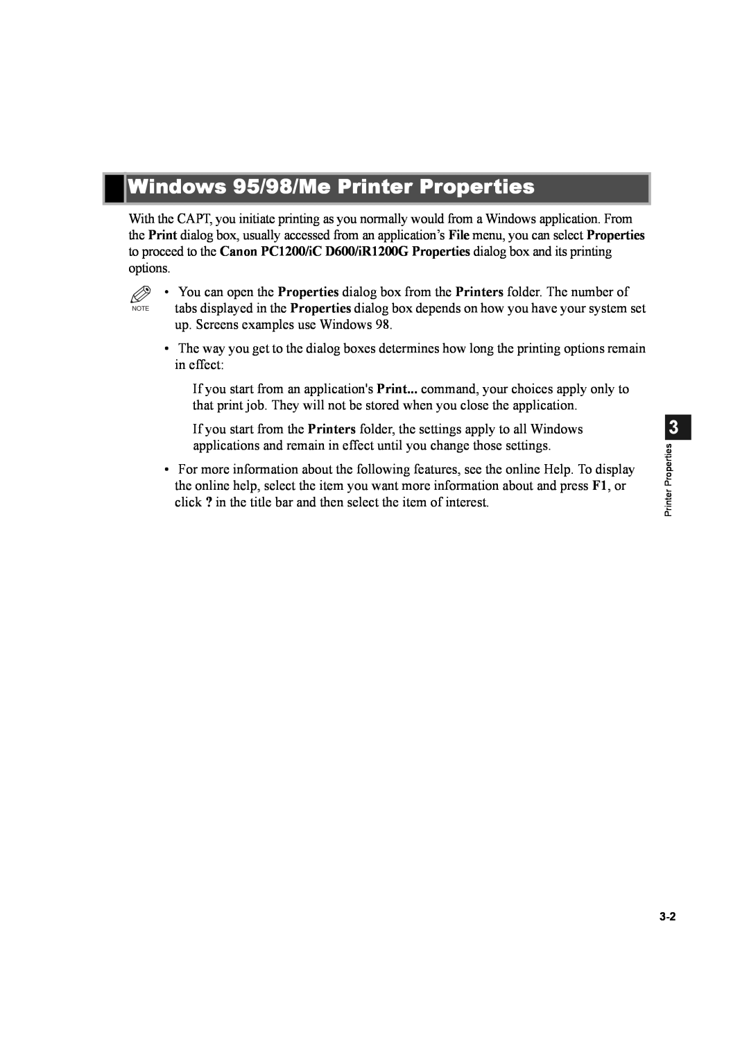 Canon D600 manual Windows 95/98/Me Printer Properties 
