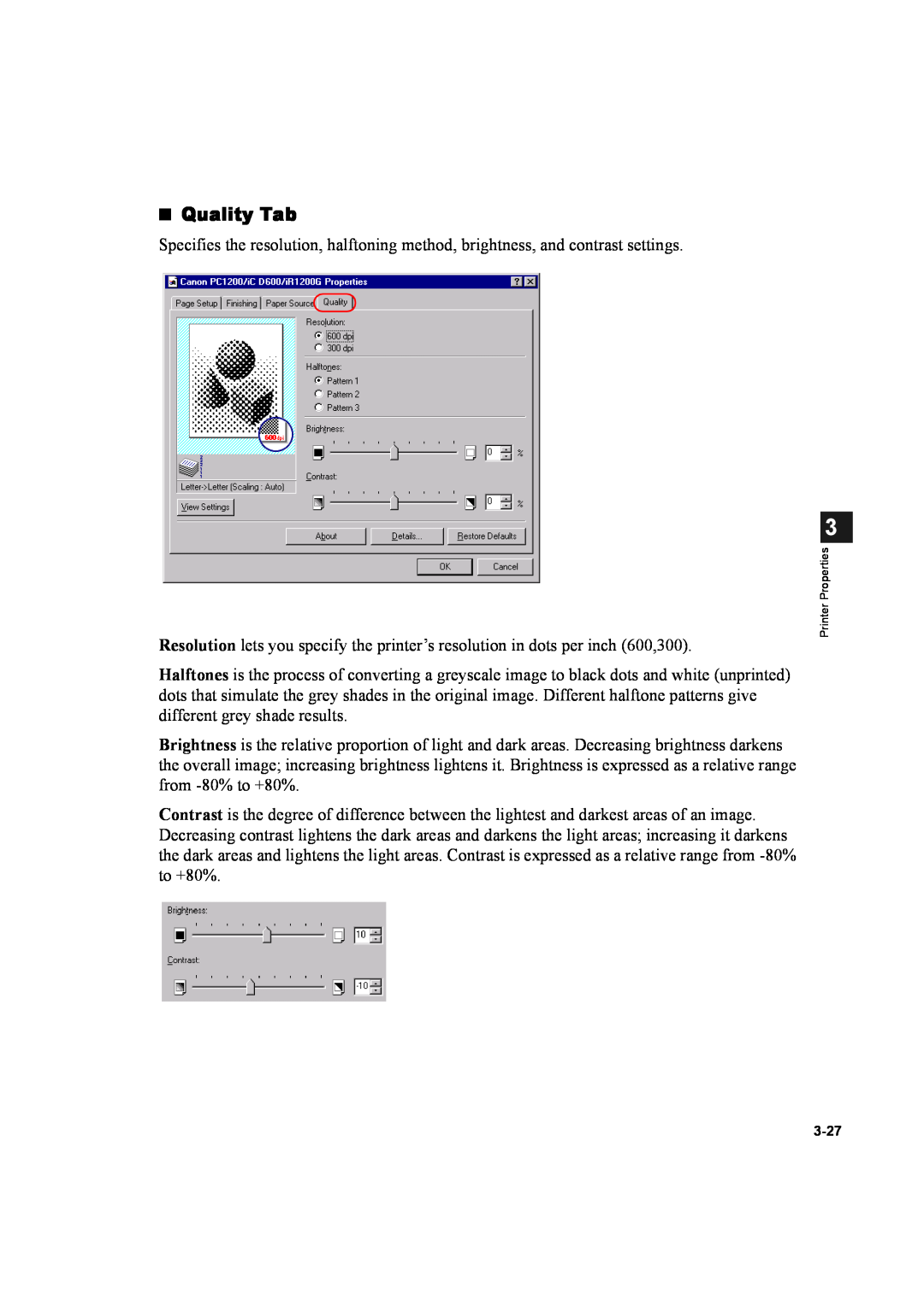 Canon D600 manual Quality Tab, Printer Properties 