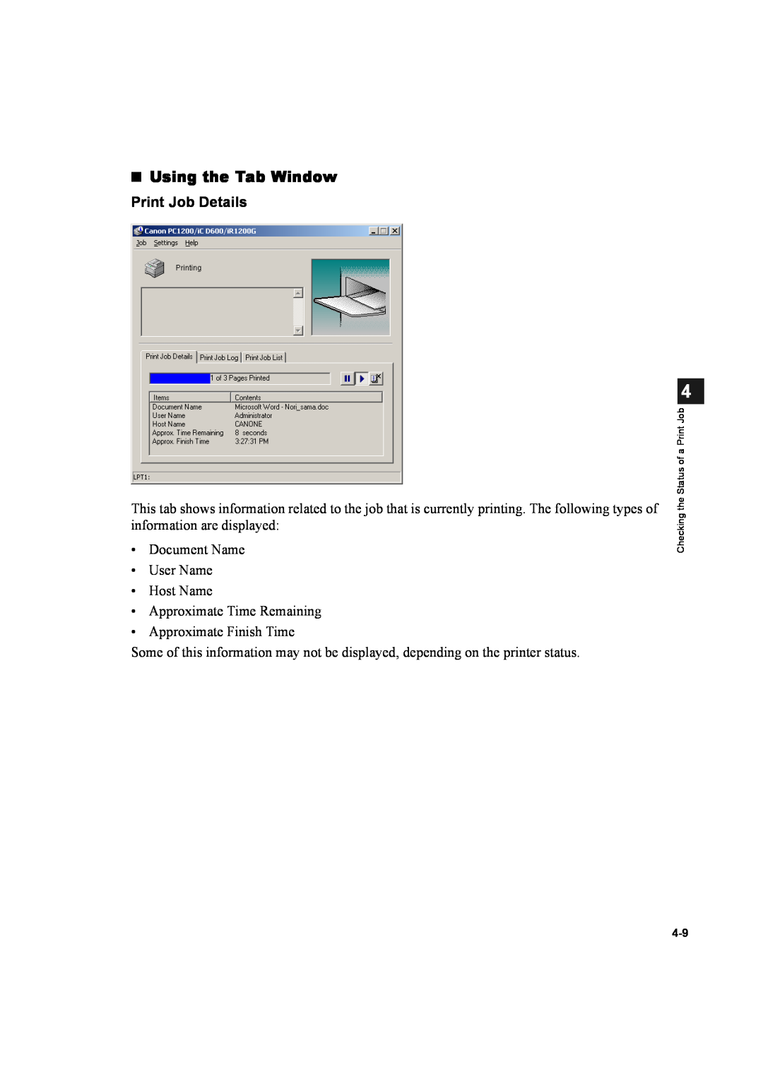 Canon D600 manual Using the Tab Window, Print Job Details, Checking the Status of a Print Job 