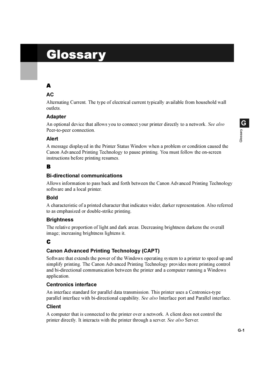 Canon D600 manual Adapter, Alert, Bi-directional communications, Bold, Brightness, Centronics interface, Client 