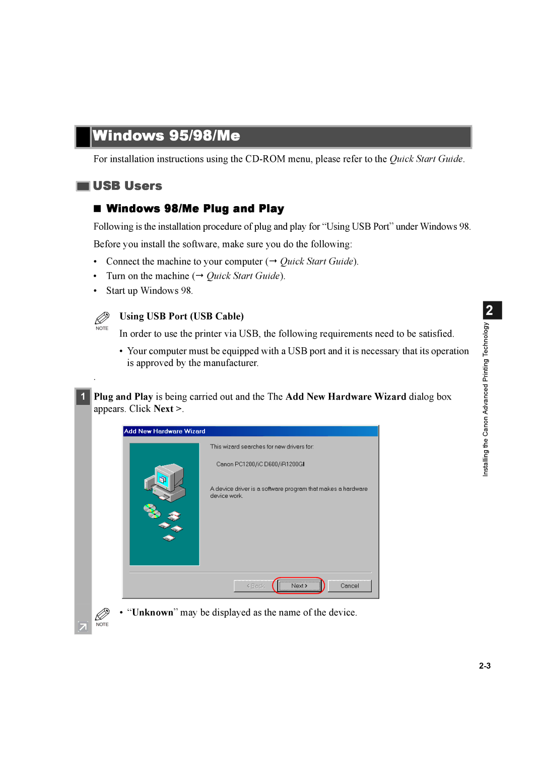 Canon D600 manual Windows 95/98/Me, Windows 98/Me Plug and Play, Using USB Port USB Cable 