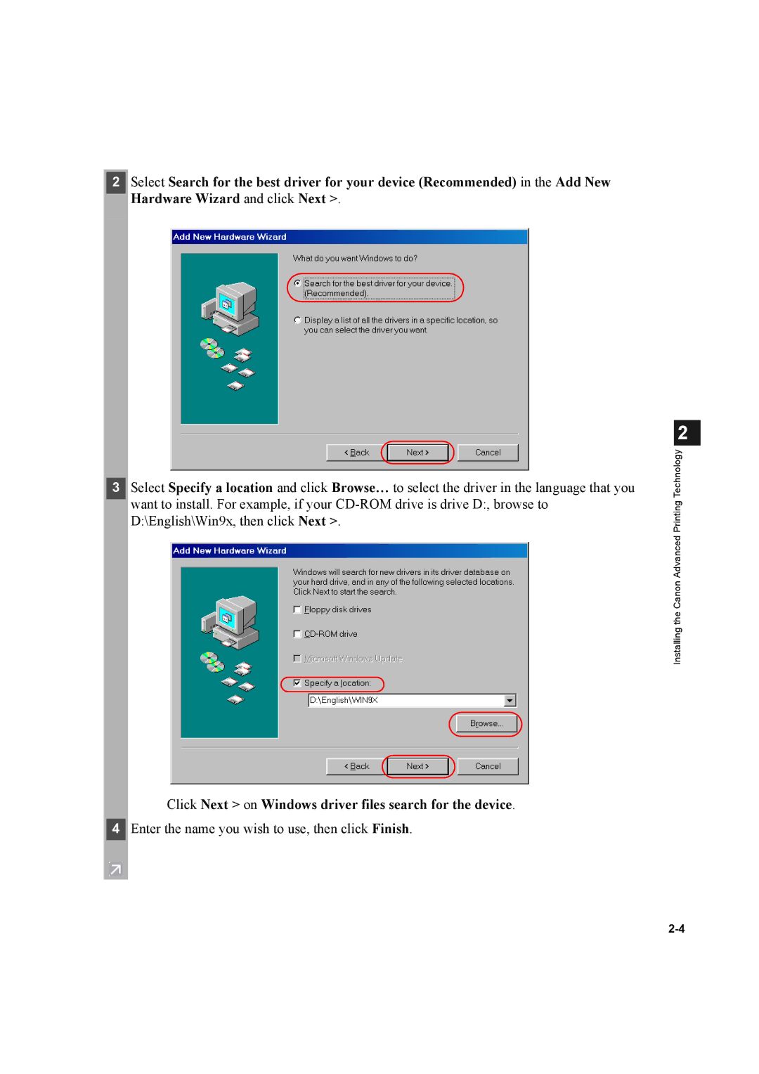 Canon D600 manual Click Next on Windows driver files search for the device 