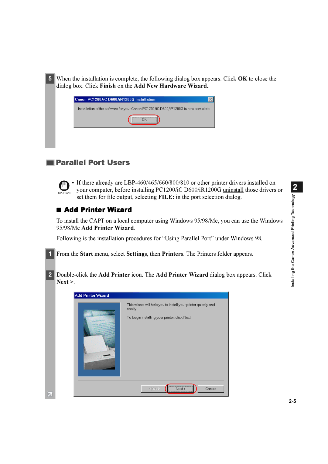 Canon D600 manual Parallel Port Users, Add Printer Wizard 