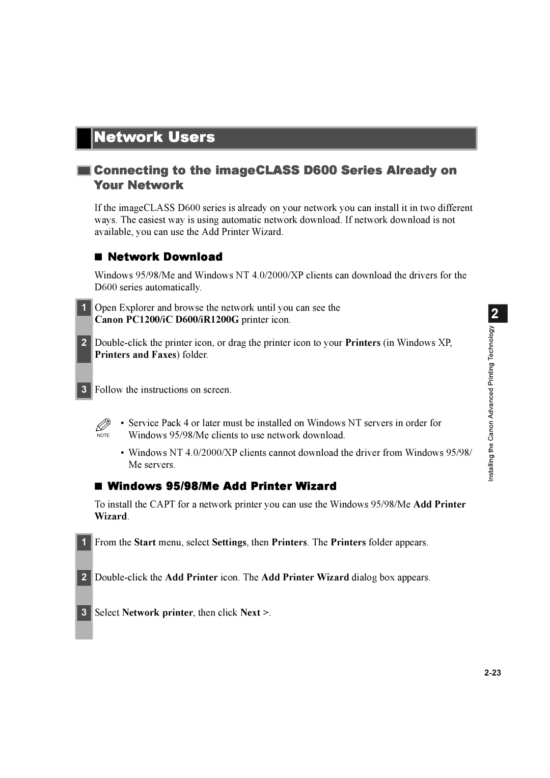 Canon Network Users, Network Download, Windows 95/98/Me Add Printer Wizard, Canon PC1200/iC D600/iR1200G printer icon 