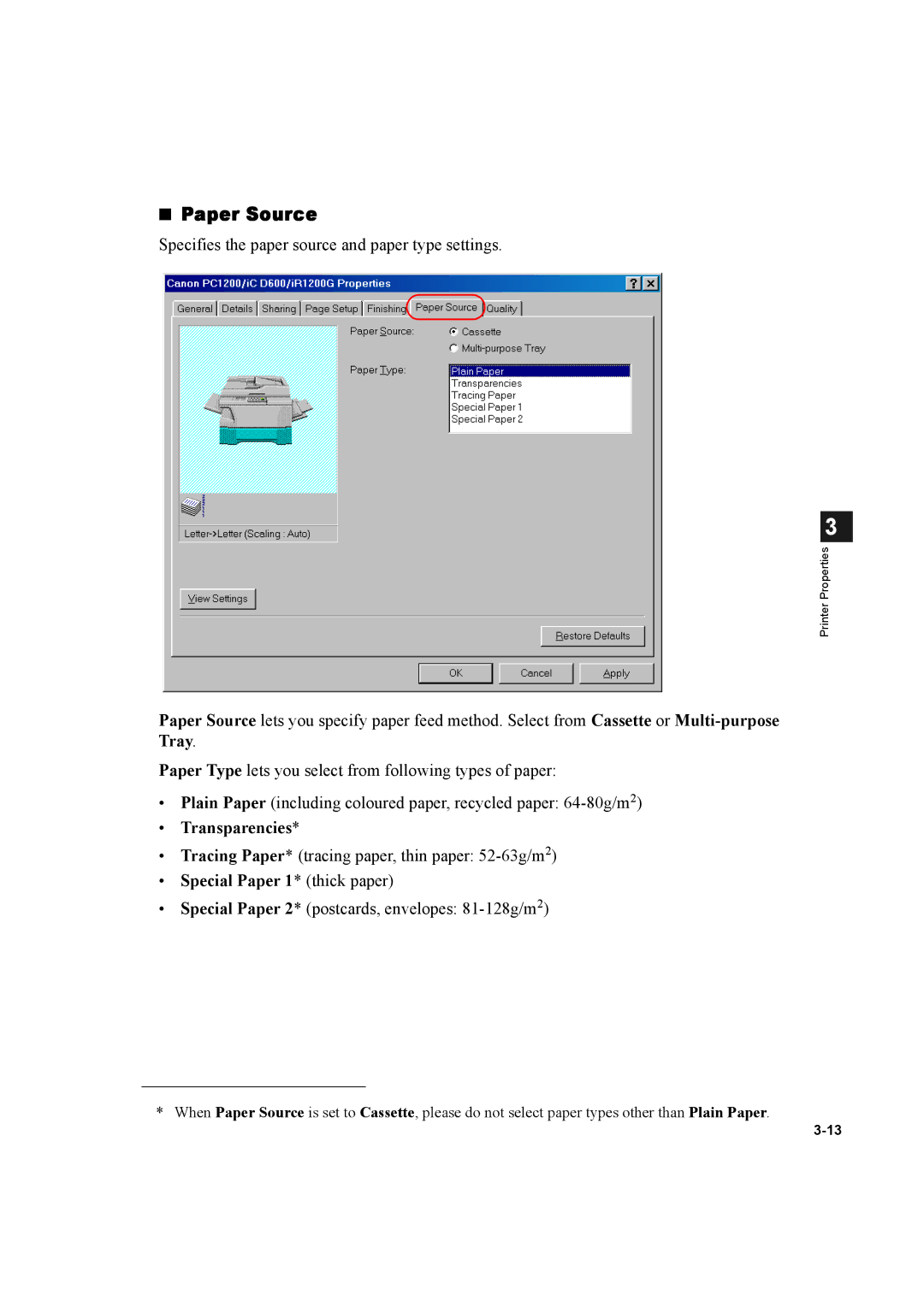 Canon D600 manual Paper Source, Transparencies, Special Paper 1* thick paper 