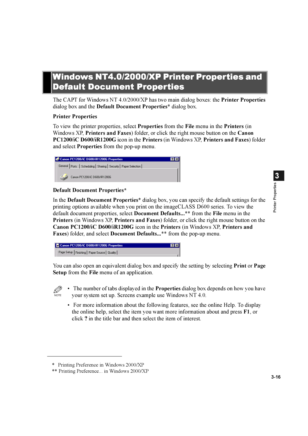 Canon D600 manual Printer Properties, Default Document Properties 