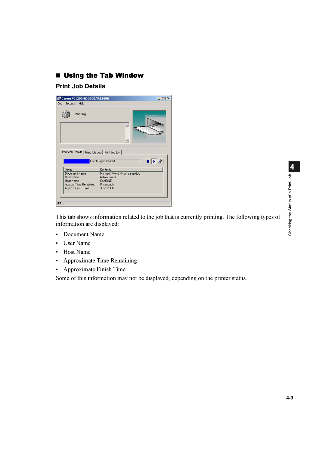 Canon D600 manual Using the Tab Window, Print Job Details 
