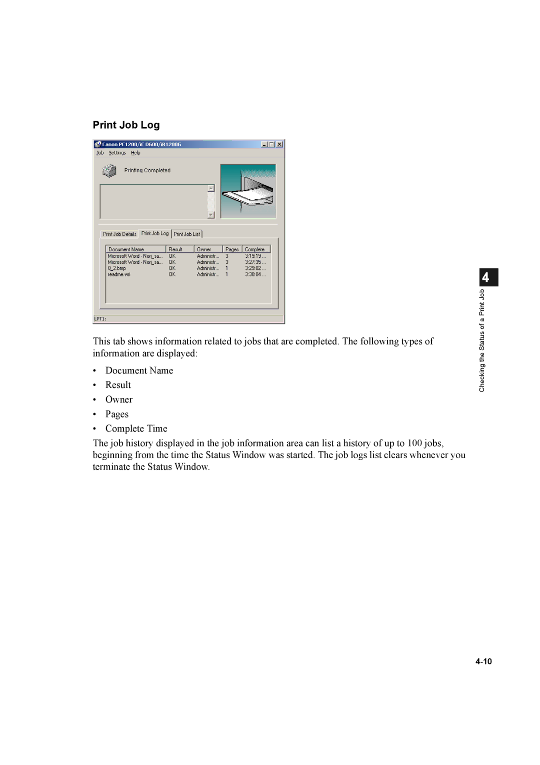 Canon D600 manual Print Job Log 