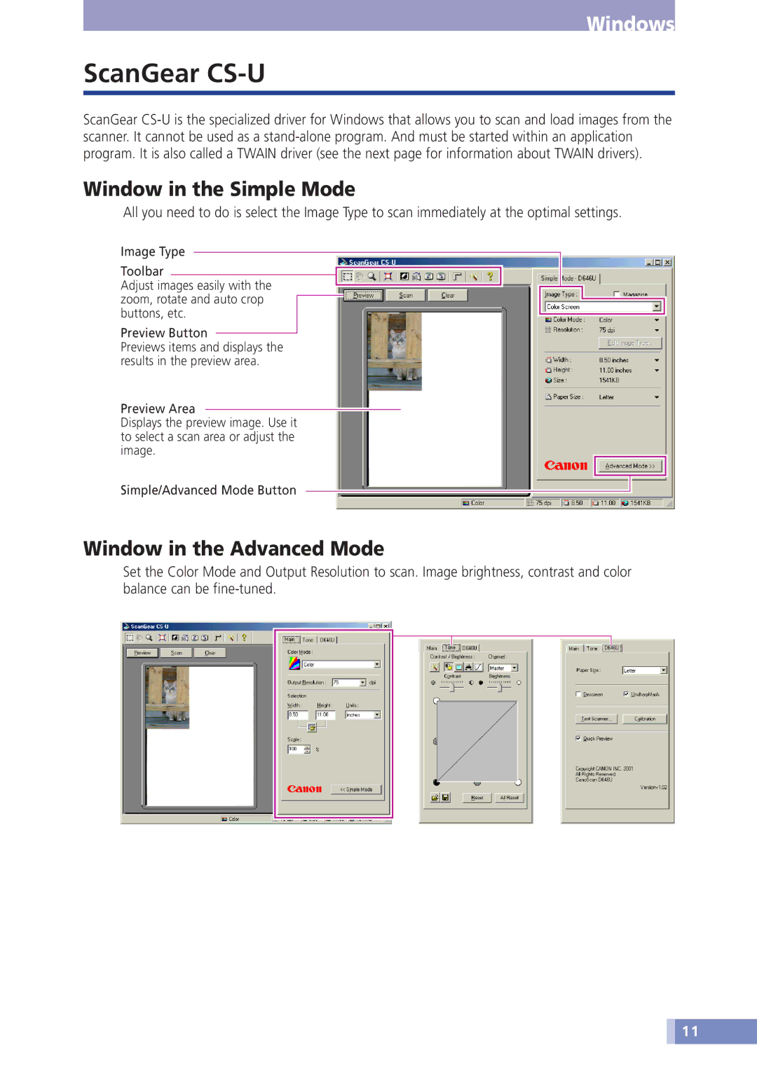 Canon D646U manual ScanGear CS-U, Window in the Simple Mode, Window in the Advanced Mode 