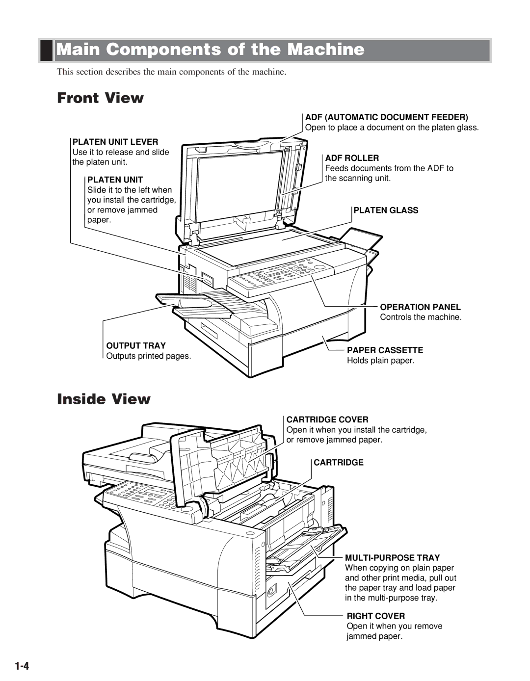 Canon D680, D661 manual Main Components of the Machine, Front View 