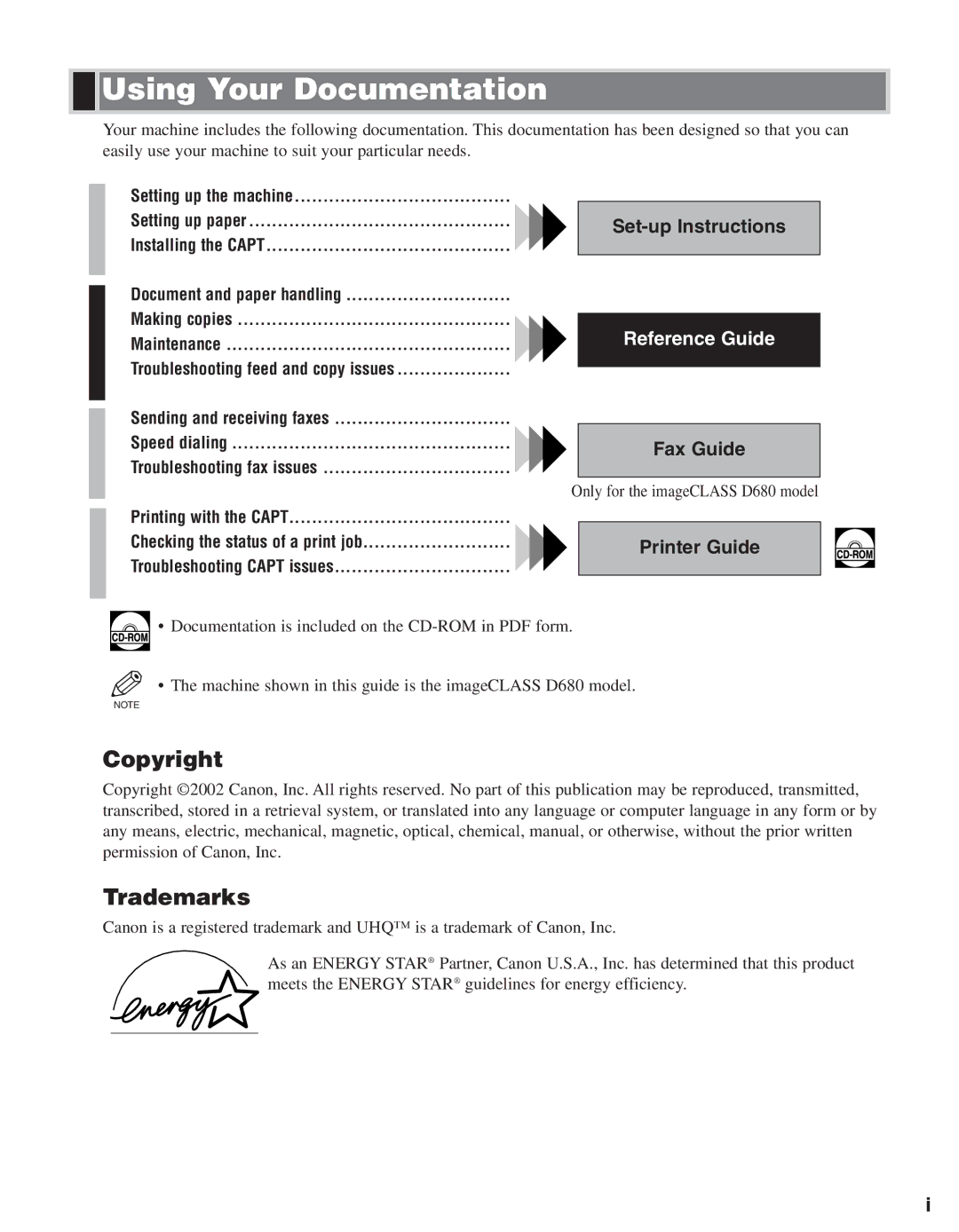 Canon D661, D680 manual Using Your Documentation, Copyright, Trademarks 