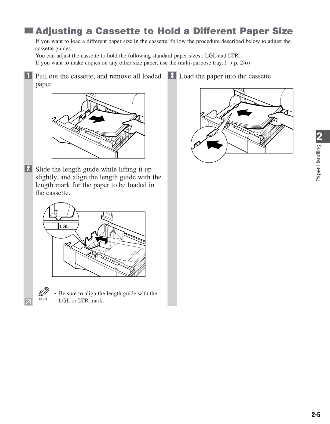 Canon D661, D680 manual Adjusting a Cassette to Hold a Different Paper Size, Slightly, and align the length guide with 