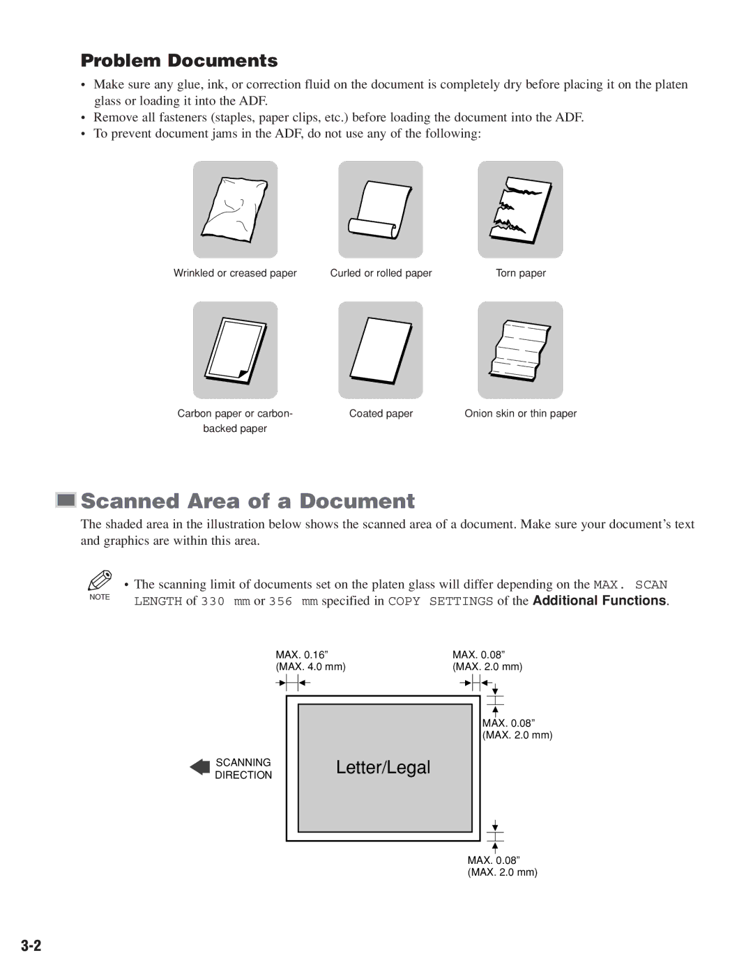 Canon D680, D661 manual Scanned Area of a Document, Problem Documents, Settings of the Additional Functions 