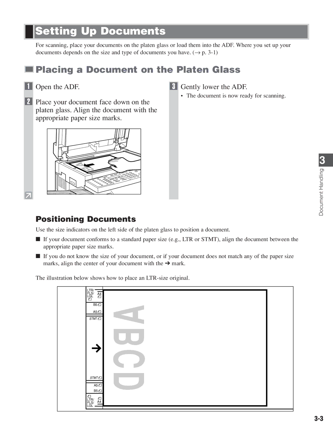 Canon D661, D680 manual Setting Up Documents, Placing a Document on the Platen Glass, Positioning Documents 