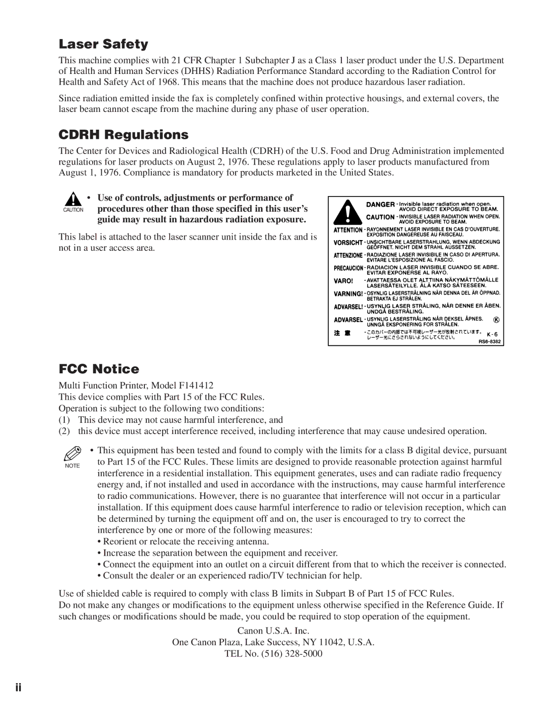 Canon D680, D661 manual Laser Safety, Cdrh Regulations, FCC Notice 