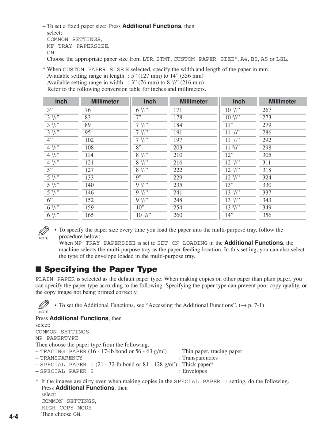 Canon D680, D661 manual Specifying the Paper Type, Inch Millimeter, Press Additional Functions , then 