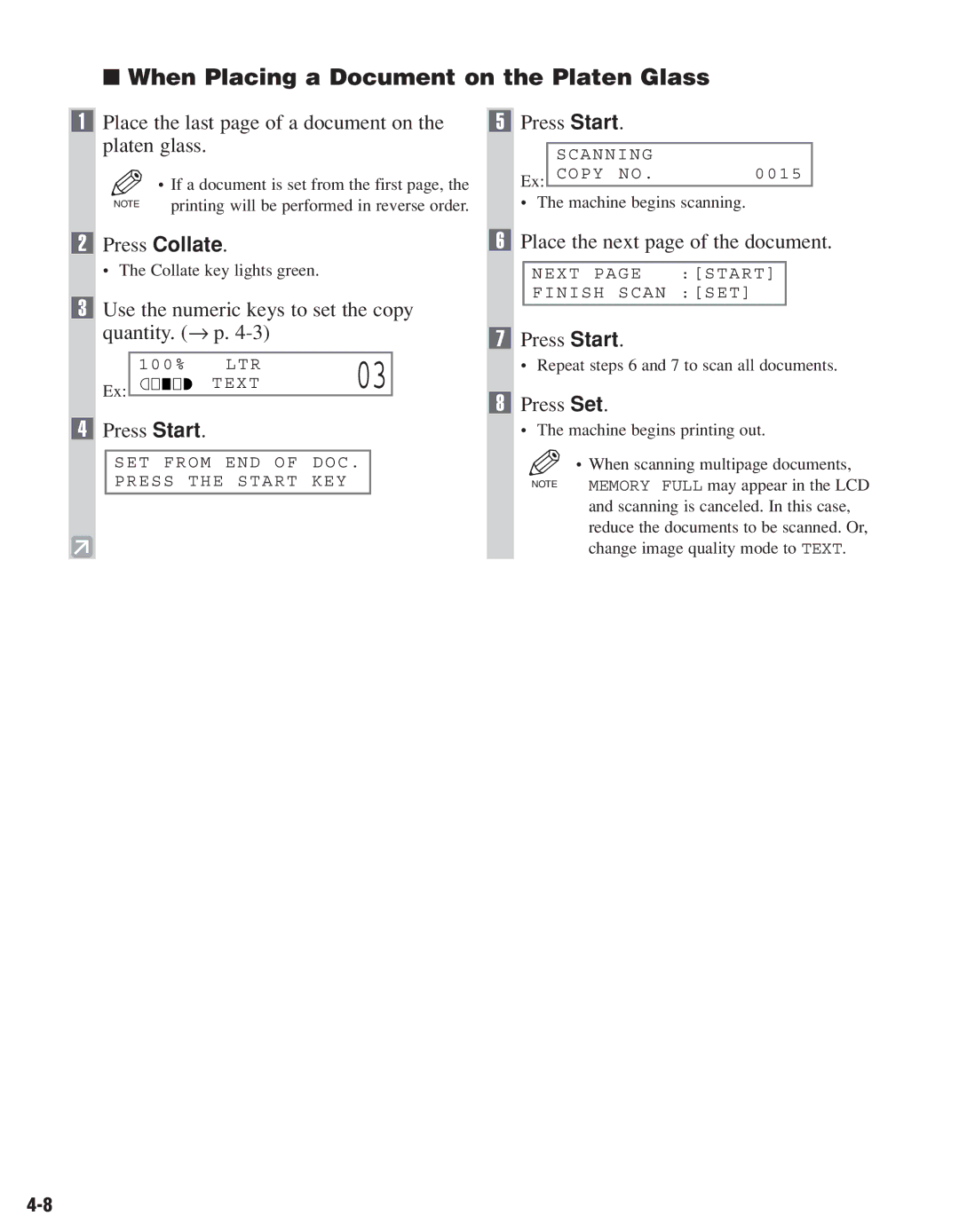 Canon D680 When Placing a Document on the Platen Glass, Place the last page of a document on the platen glass, Press Start 