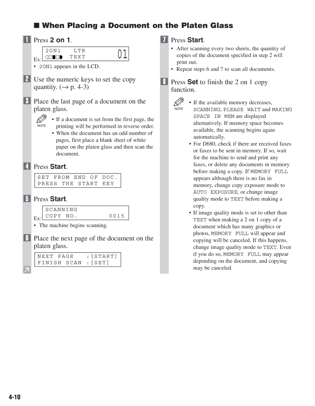 Canon D680, D661 manual Press 2 on, Place the next page of the document on the platen glass 