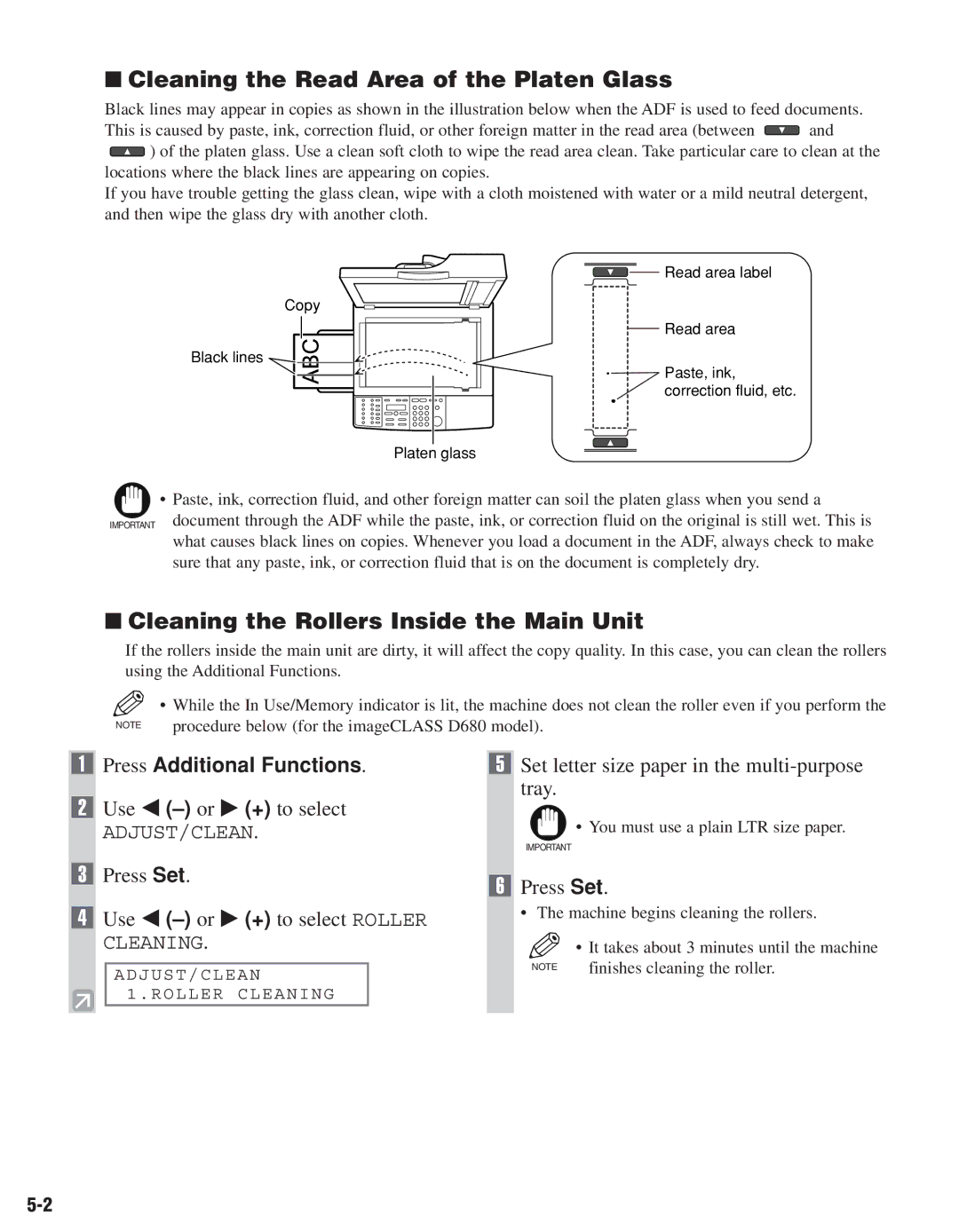 Canon D680 Cleaning the Read Area of the Platen Glass, Cleaning the Rollers Inside the Main Unit, Use 4 -or e + to select 