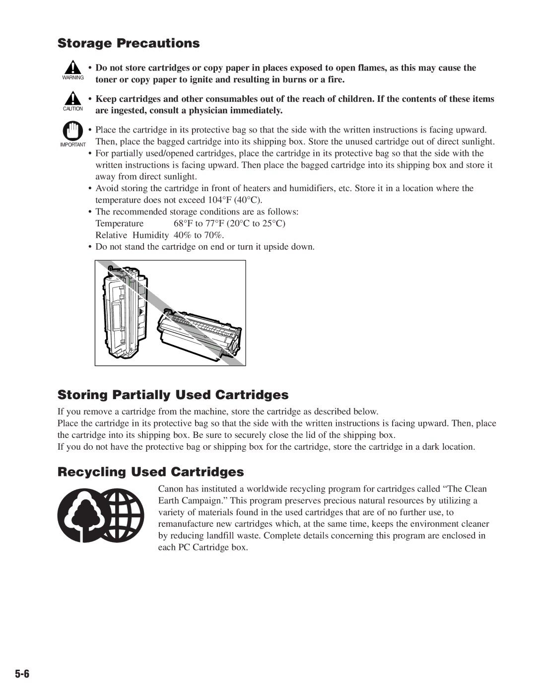 Canon D680, D661 manual Storage Precautions, Storing Partially Used Cartridges, Recycling Used Cartridges 