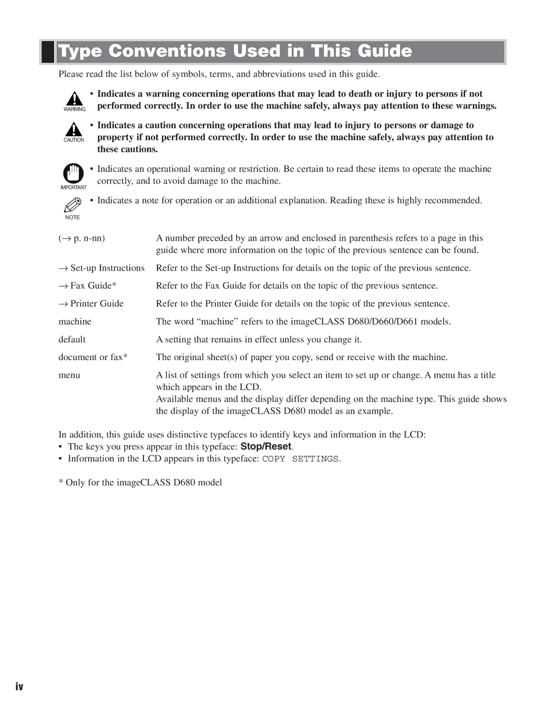 Canon D680, D661 manual Type Conventions Used in This Guide 